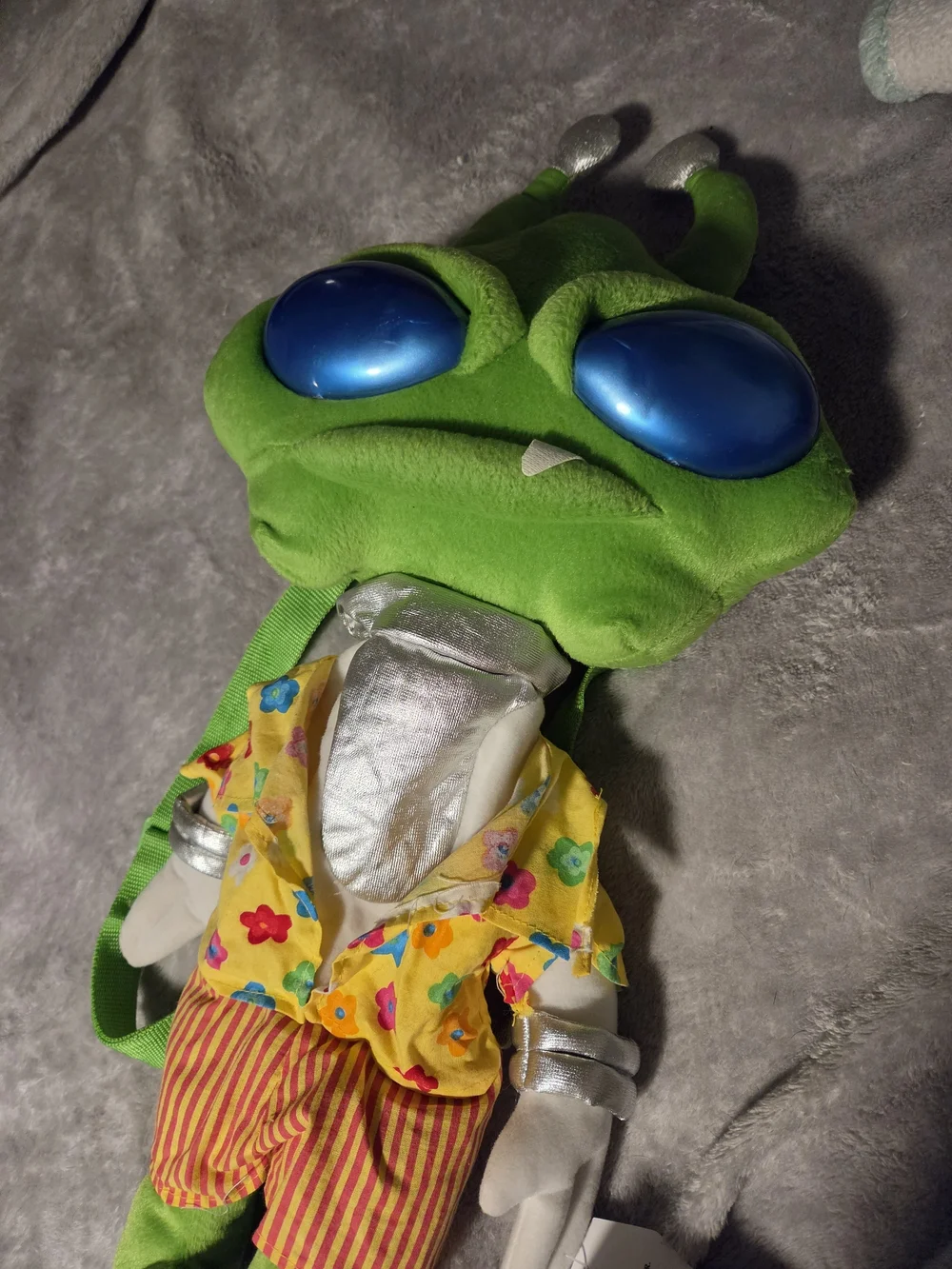 Vintage Bright Green Alien Plush Toy with Blue Eyes - Colorful Outfit